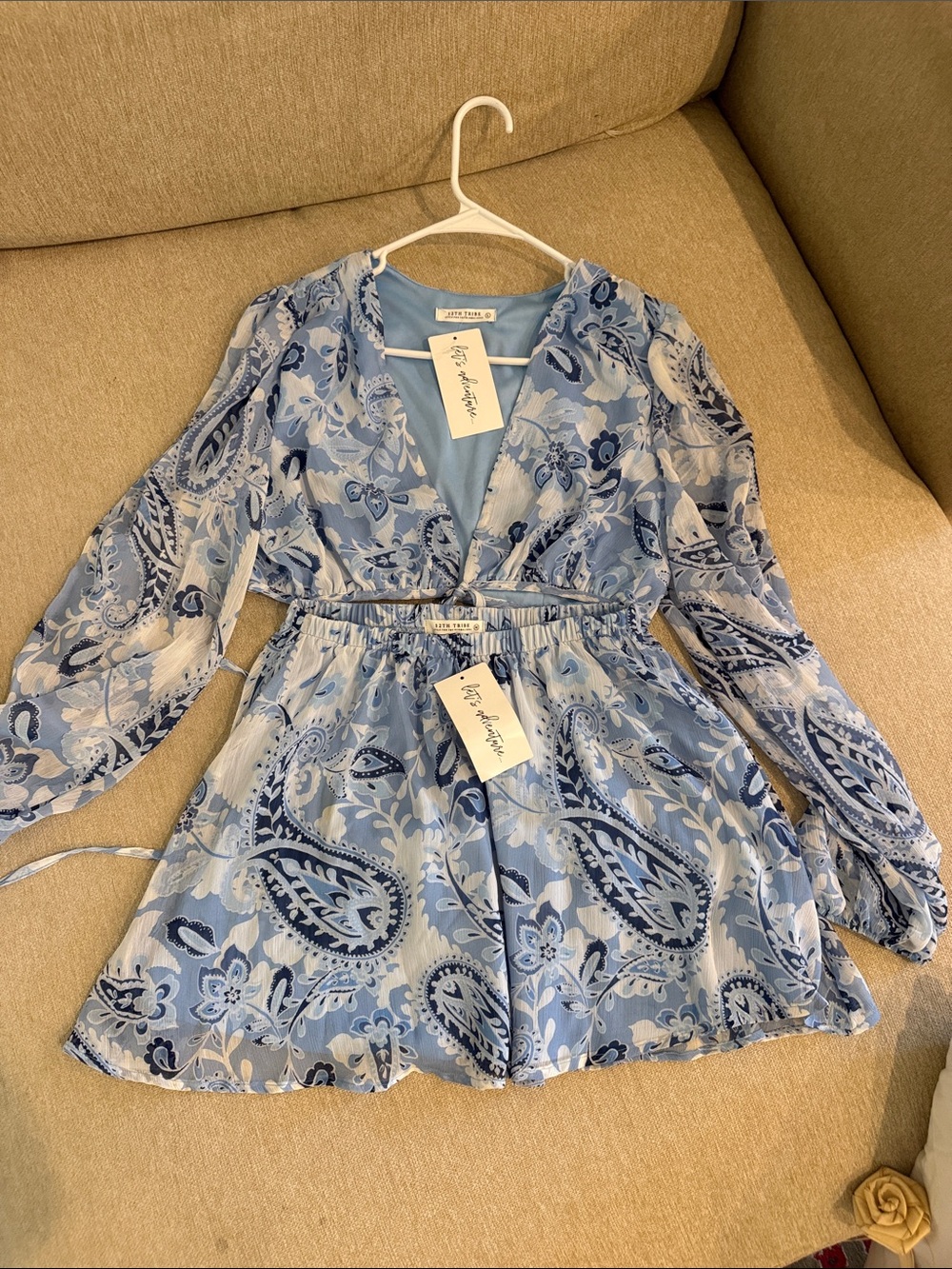 12th Tribe Light Blue Paisley V-Neck Romper